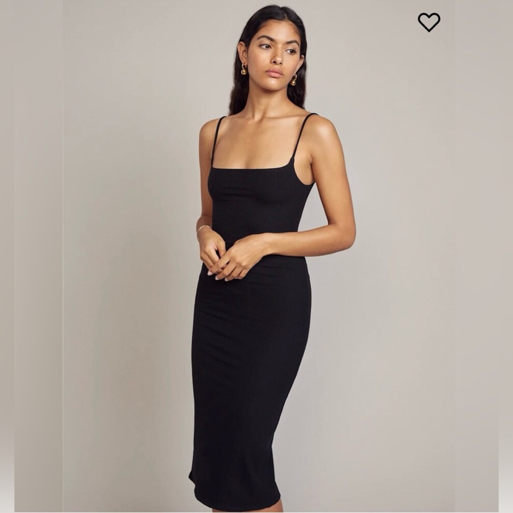 Sleek Sexy Reformation Black Ribbed fitted Midi Dress with thin spaghetti straps - Picture 4 of 15